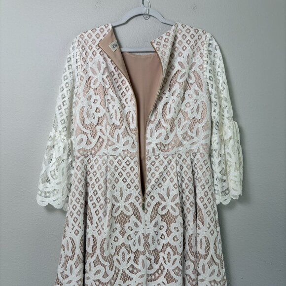 Eliza J Fit & Flare Lace Dress Petite 12 12P Ivory Nude Lining 3/4 Bell Sleeve - Picture 4 of 13
